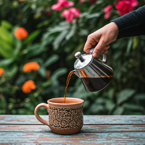 Artisanal hand-pouring coffee into a ceramic mug in a vibrant Mexican garden