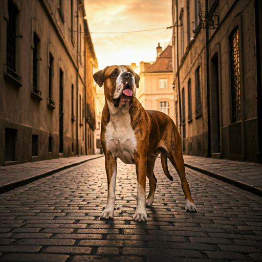 Stately large dog standing alert in a cobblestone street at sunset