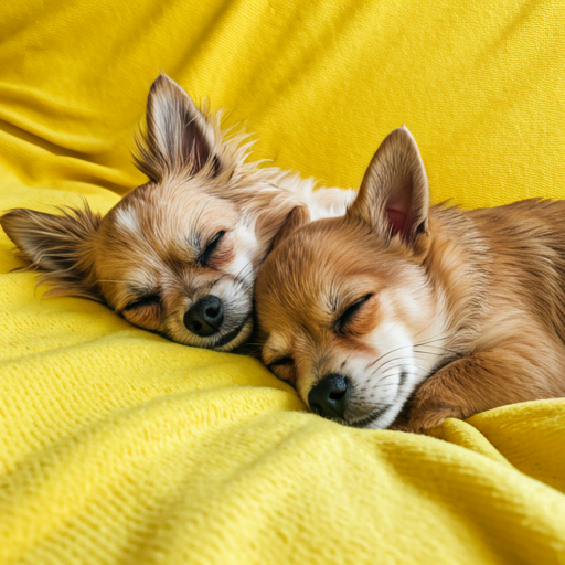 Two small dogs napping together on a bright yellow blanket