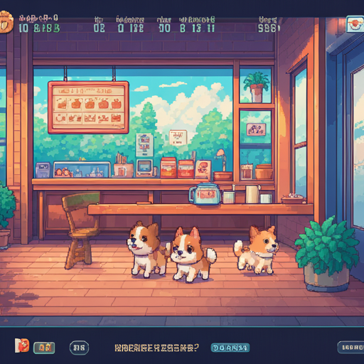Pixel art screen capture of a coffee shop simulation game with cute dogs