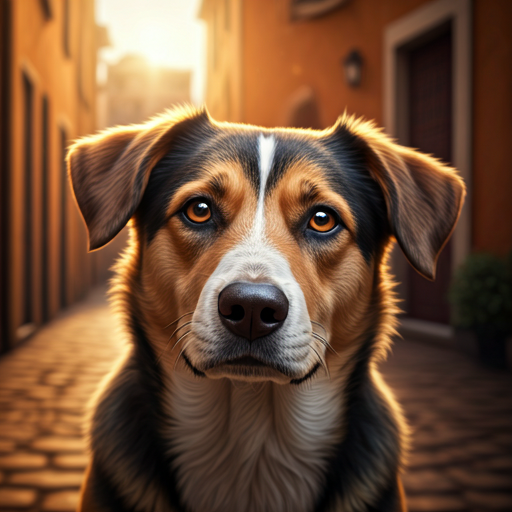 Close-up portrait of a rescue dog with soulful eyes in a sun-drenched courtyard