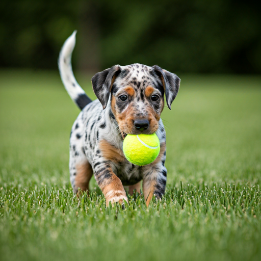 Cute playful puppy with spotted fur playing with a tennis ball