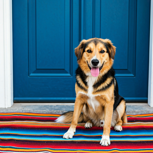 Happy medium-sized dog sitting on a colorful Mexican rug